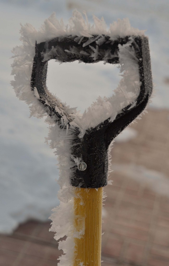 A picture of our snow shovel this morning. I took the picture to show how thick the frost was.