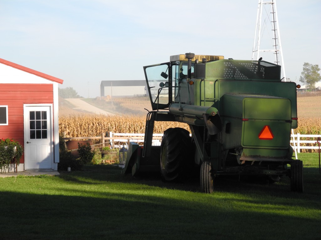 Putting the corn head on the combine