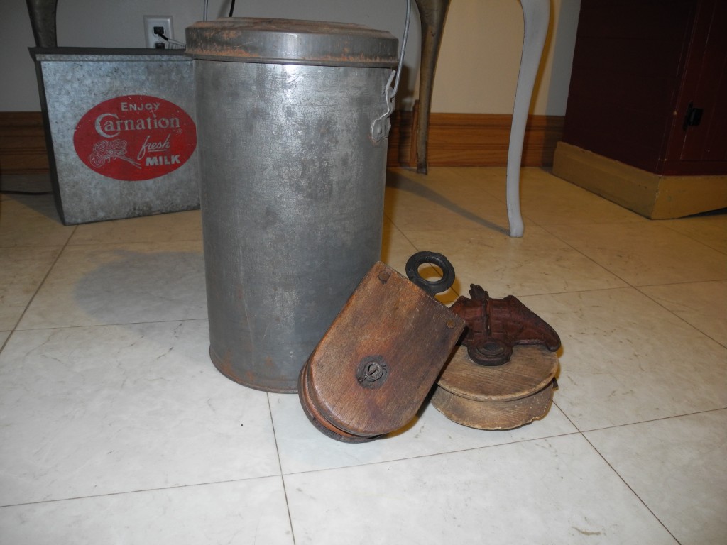 Shotgun cream can and pulleys. 