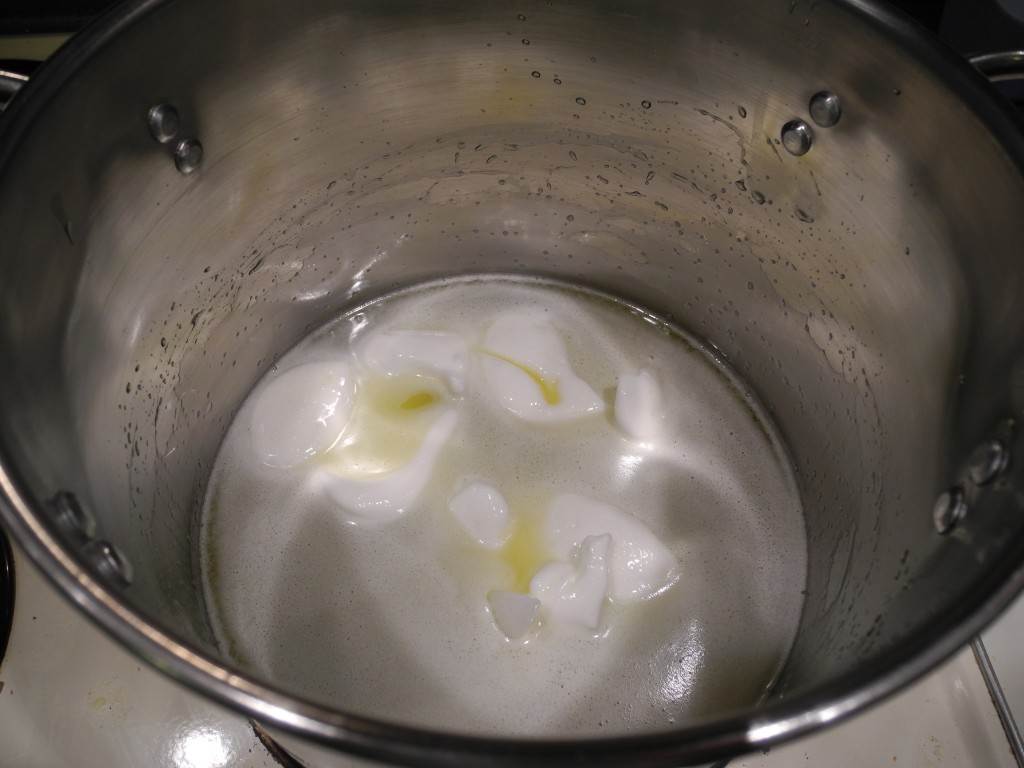 Coconut, olive oil, and vegetable shortening all get melted together