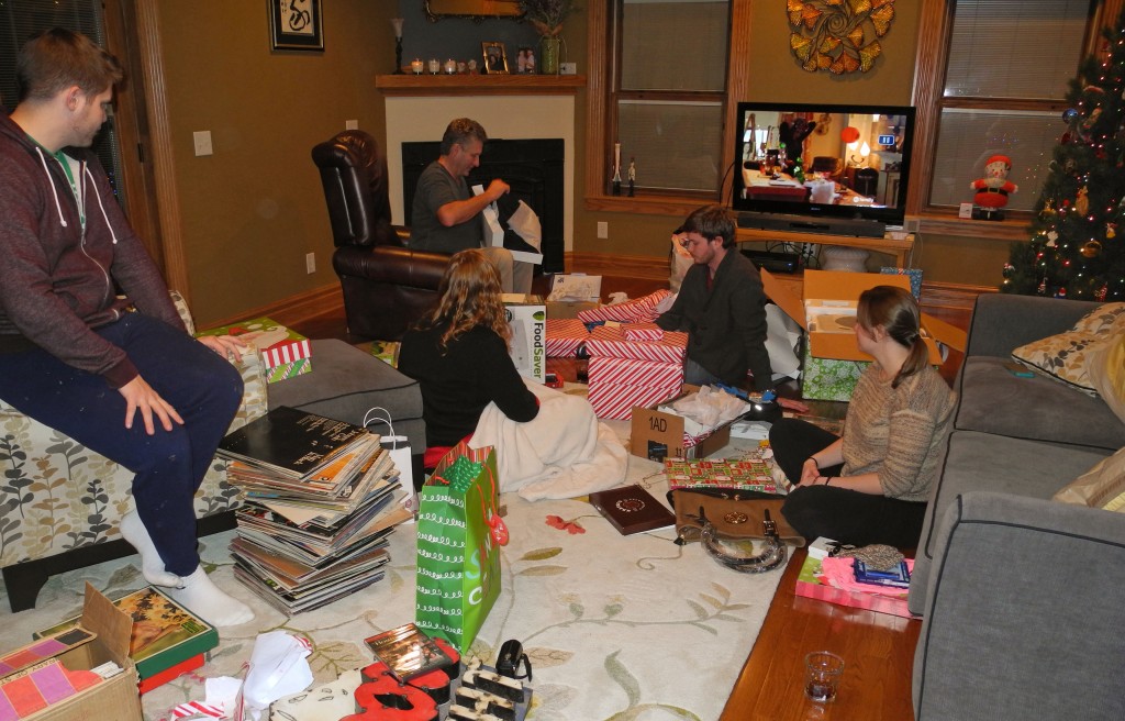 Opening gifts at our house