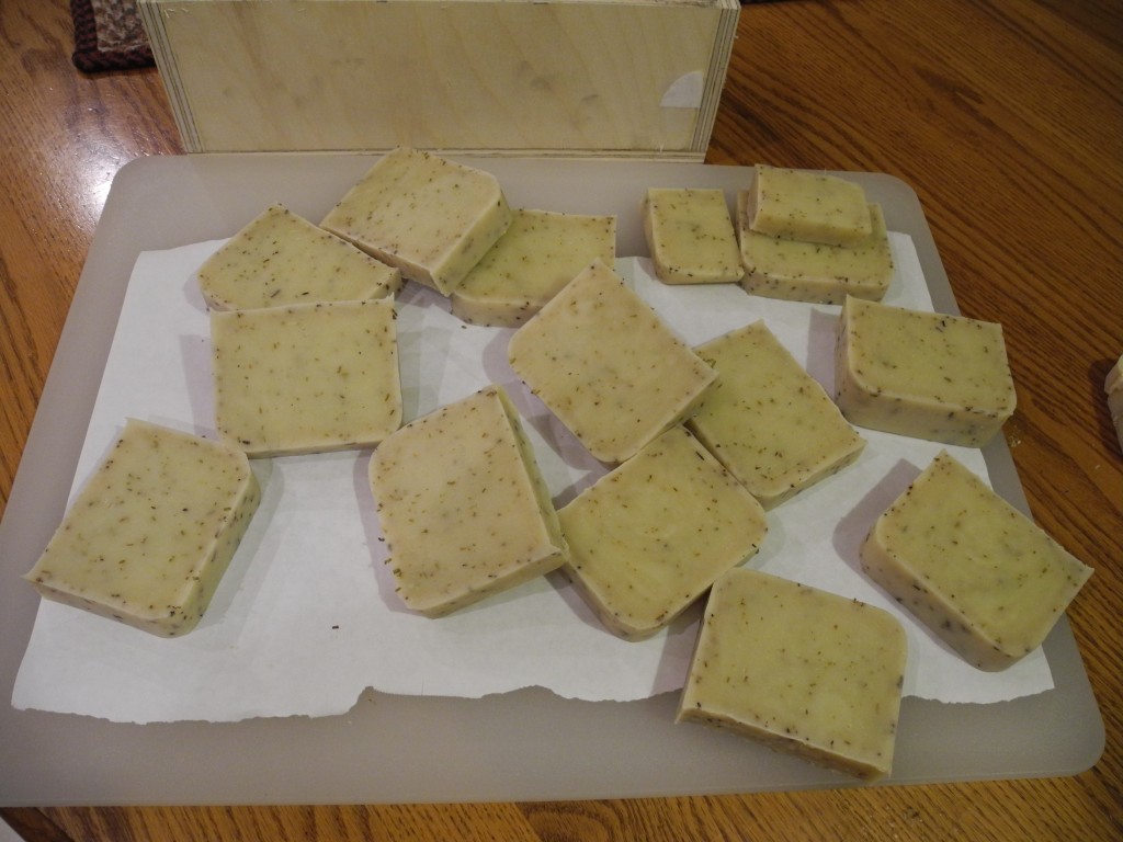 I cut the soap into bars to dry out for about 5 weeks or so
